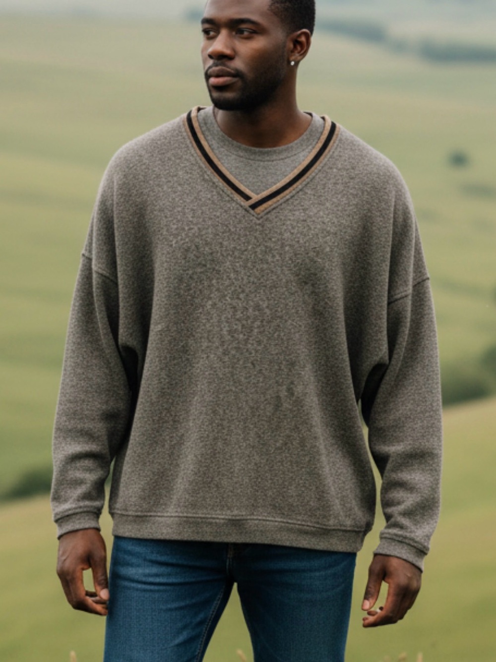 Men's V-Neck Relaxed Sweater in Gray with Tan & Black Trim